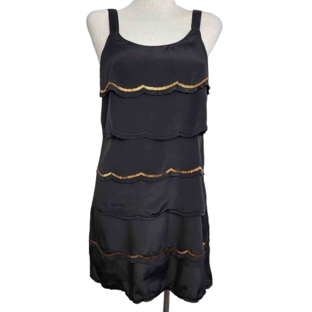 Lauren Conrad Tiered Beaded Scalloped Black & Gold Women's Dress Size 6